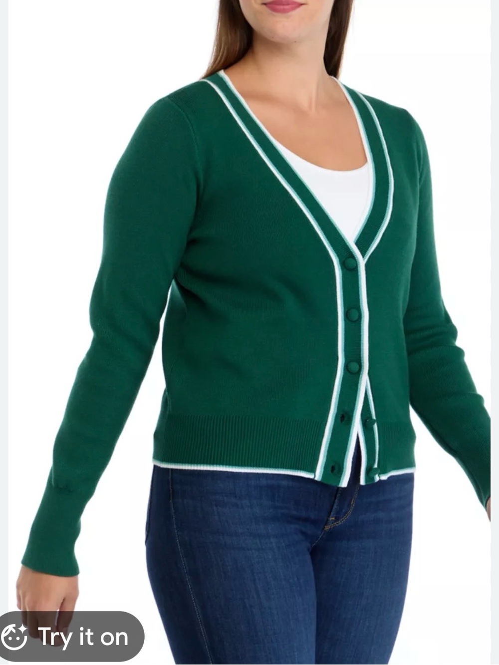 crown & ivy Dark Green Cardigan with White Stripe Trim